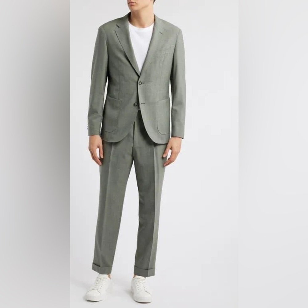 NWT BOSS Heston Slim Fit Green Mélange Wool Suit Jacket in Medium Green Size 40S